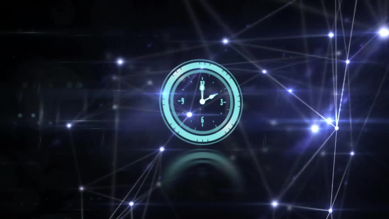 Clock with glowing network connections and digital data animation on dark background