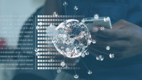 animation of network of connections over man using smartphone