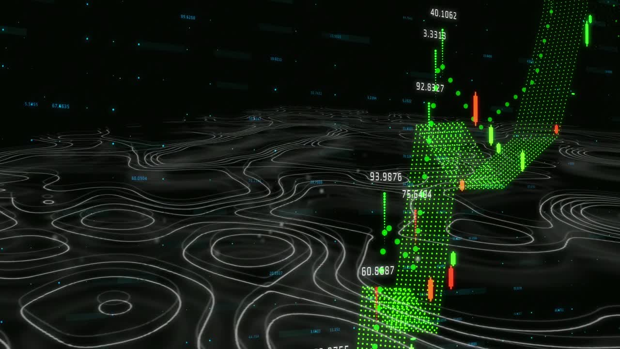 검은색 배경에 있는 금융 데이터 위의 이소히프스의 애니메이션
