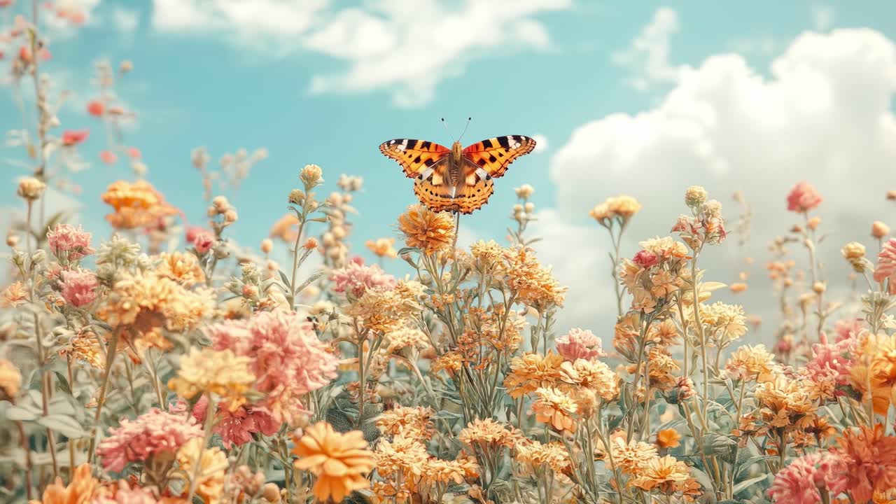 Una scena video vivace di una farfalla su fiori di campo, catturata da una angolazione bassa
