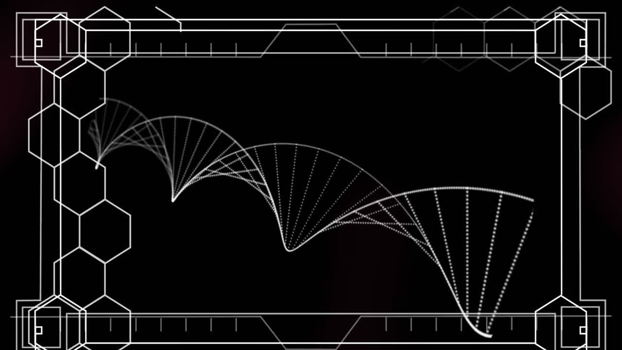 цифровая анимация шестиугольных форм, образующихся на фоне структуры днк, вращающейся на фиолетовом фоне