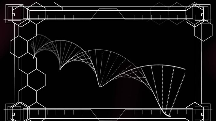 Animazione digitale di forme esagonali che si formano su una struttura di DNA che ruota su sfondo viola