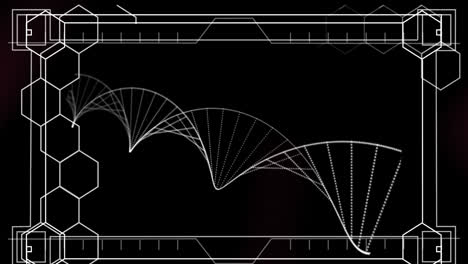 보라색 배경에서 회전하는 dna 구조에 대항하여 형성되는 육각형 모양의 디지털 애니메이션