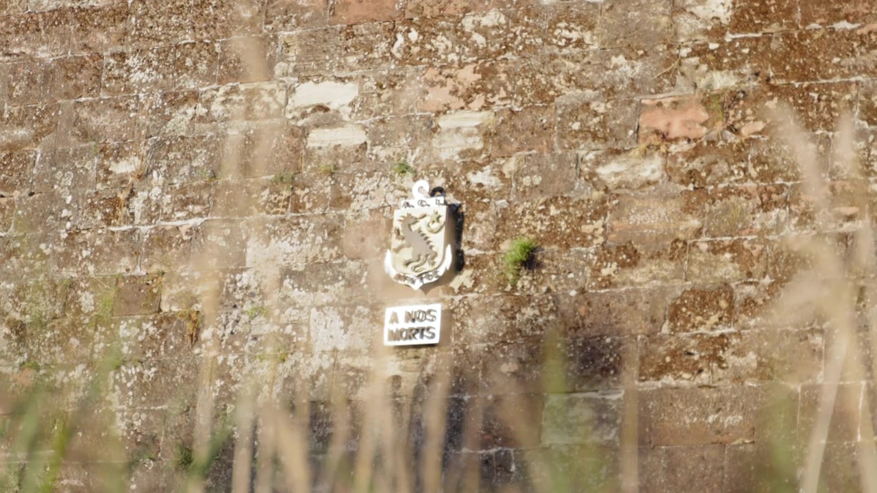 Close view of a historic coat of arms and inscription mounted on the old sandstone fortification wall at Ravelin V in Saarlouis Germany