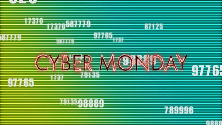 Animation of cyber monday text in glowing letters over numbers changing and green neon lines