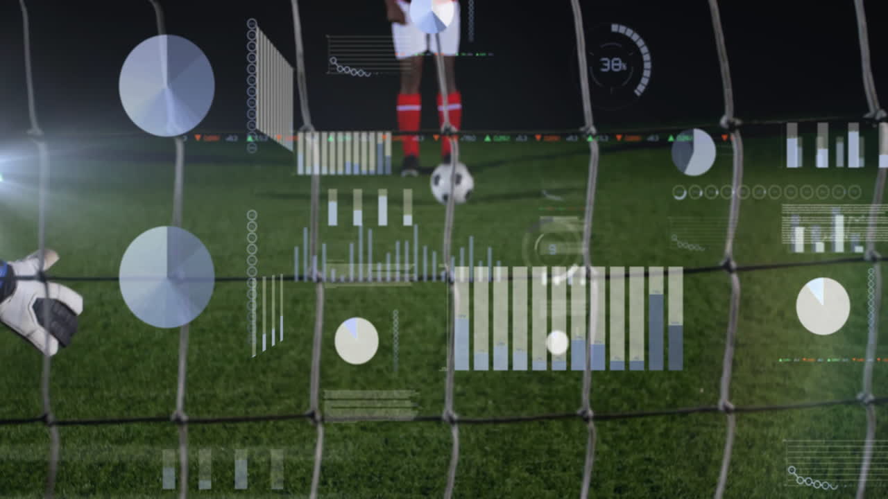 Preparing to kick soccer ball, player with animation data overlay on field