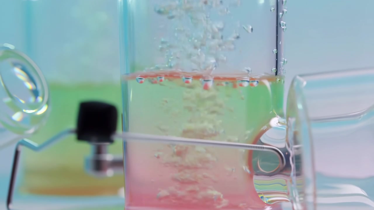 Tight eye-level view of transparent glass vessel containing pink base solution topped by clear aerated column where dense clusters of bubbles rise and small droplets form along inner wall and at