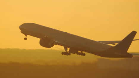 avión despegando y ascendiendo contra el cielo dorado del atardecer