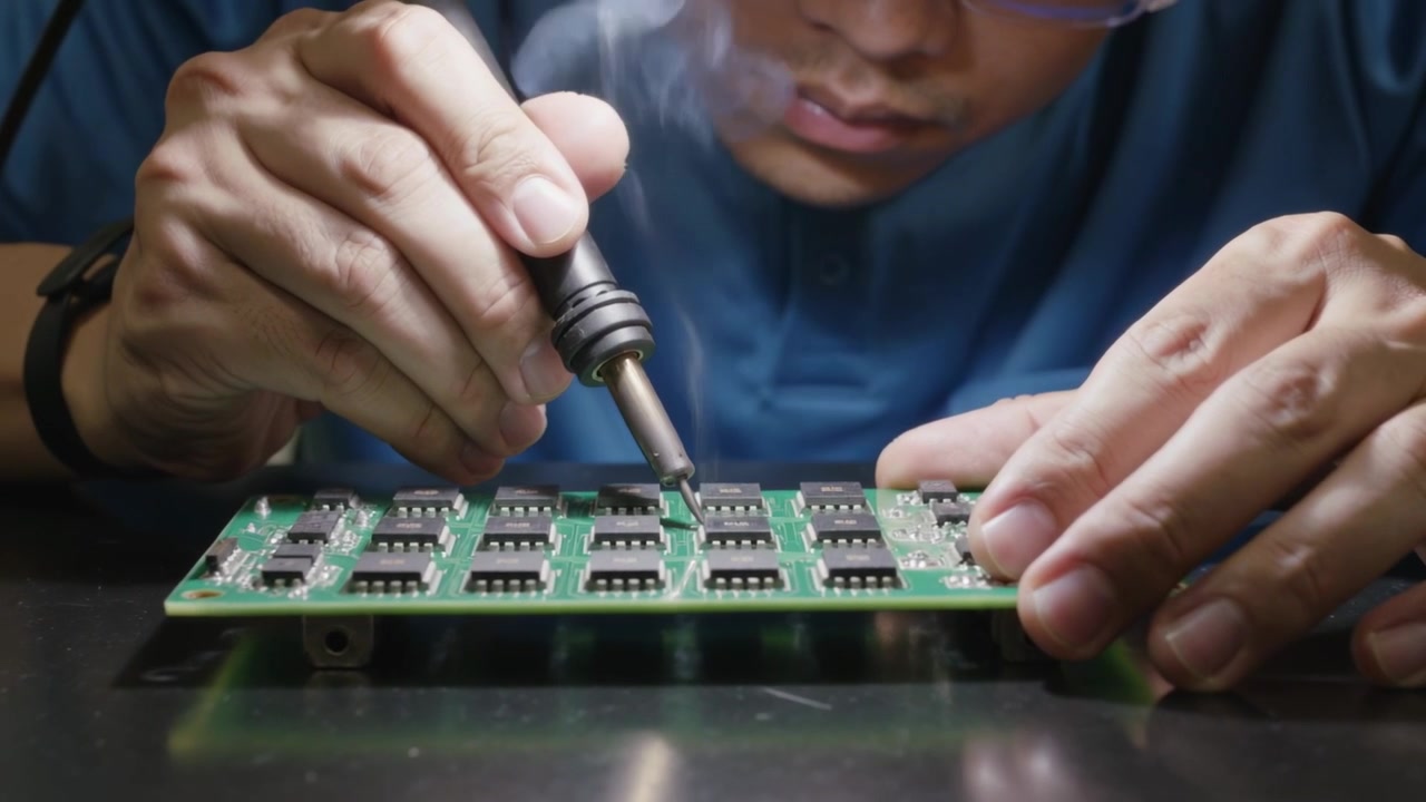 Leaning over bench tech in polo with visor steadying PCB soldering joints with iron securing parts