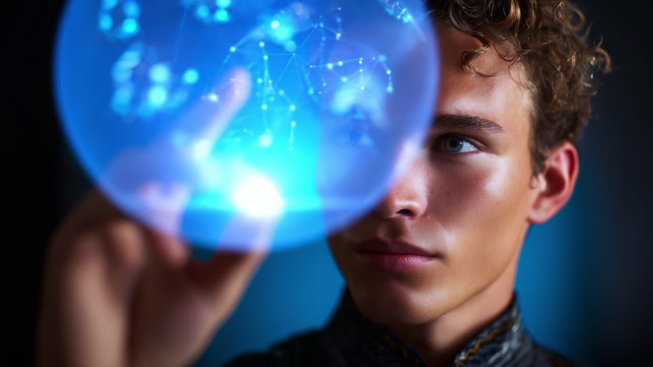 Un joven con una proyección holográfica de un mundo digital, que muestra tecnología avanzada y una visión futurista de conectividad e innovación.