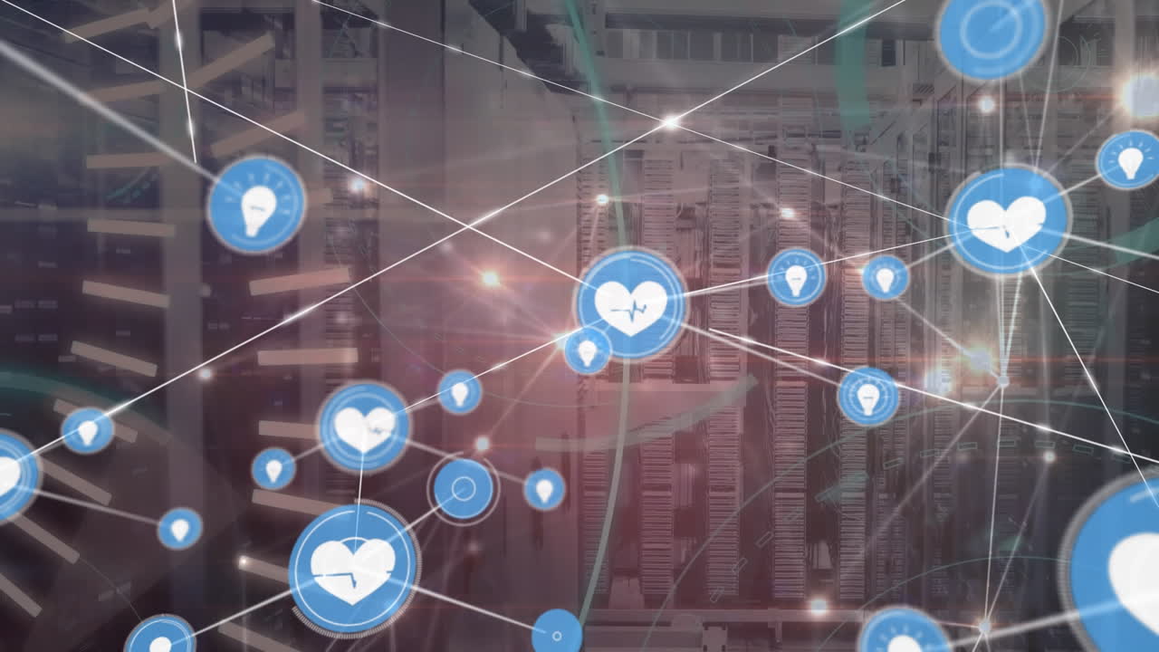 디지털 아이콘과 5g 텍스트의 네트워크의 애니메이션 컴퓨터 서버 방에 대한 둥근 스캐너를 통해