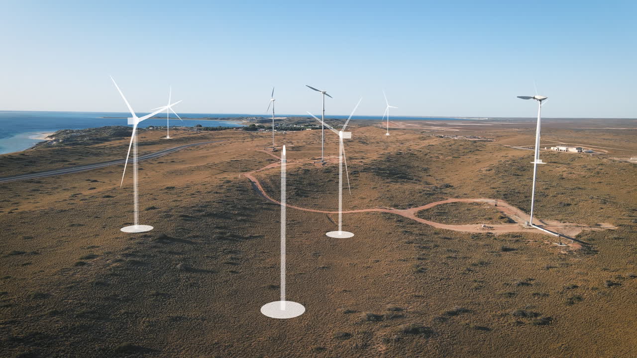 Aerial view showing wind turbine farm with digital holograms printing modern renewable windmills - Beautiful sunny day with blue sky and ocean in background - Future concept of agricultural field