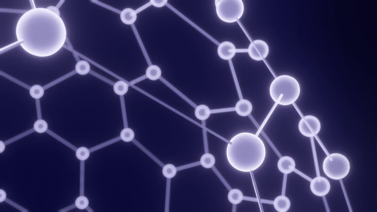 3d render: animación de bucle sin costuras de una red abstracta de nodos brillantes que giran en el espacio - se puede usar como metáfora para la red, internet, telecomunicaciones, blockchain, química, biotecnología