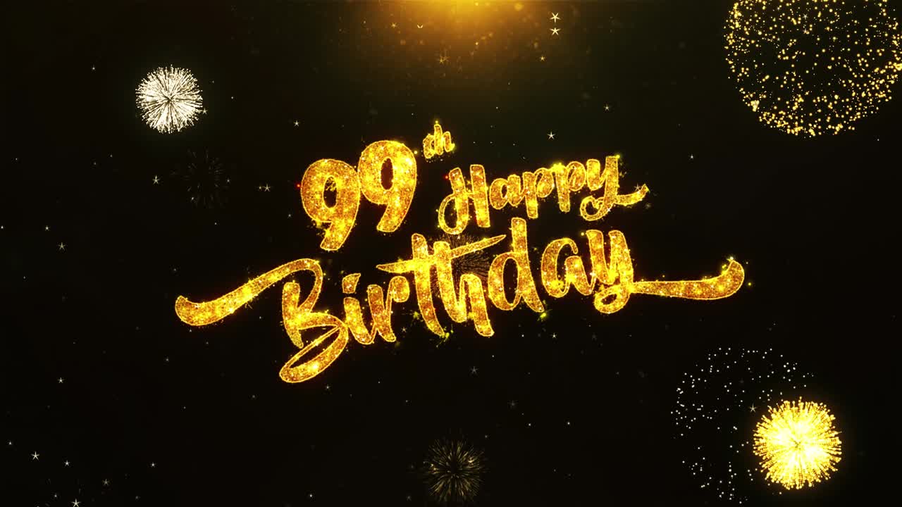 Texto de felicitación y tarjeta de deseos para el 99.º cumpleaños hecho con partículas de brillo de fuegos artificiales dorados