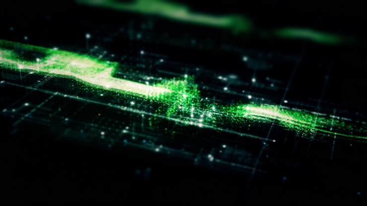 Futuristic abstract de-focus flowing data matrix, meta, metaverse, telemetry and encrypt numbers display with particles simulation in cyber space environment for head up display background-27