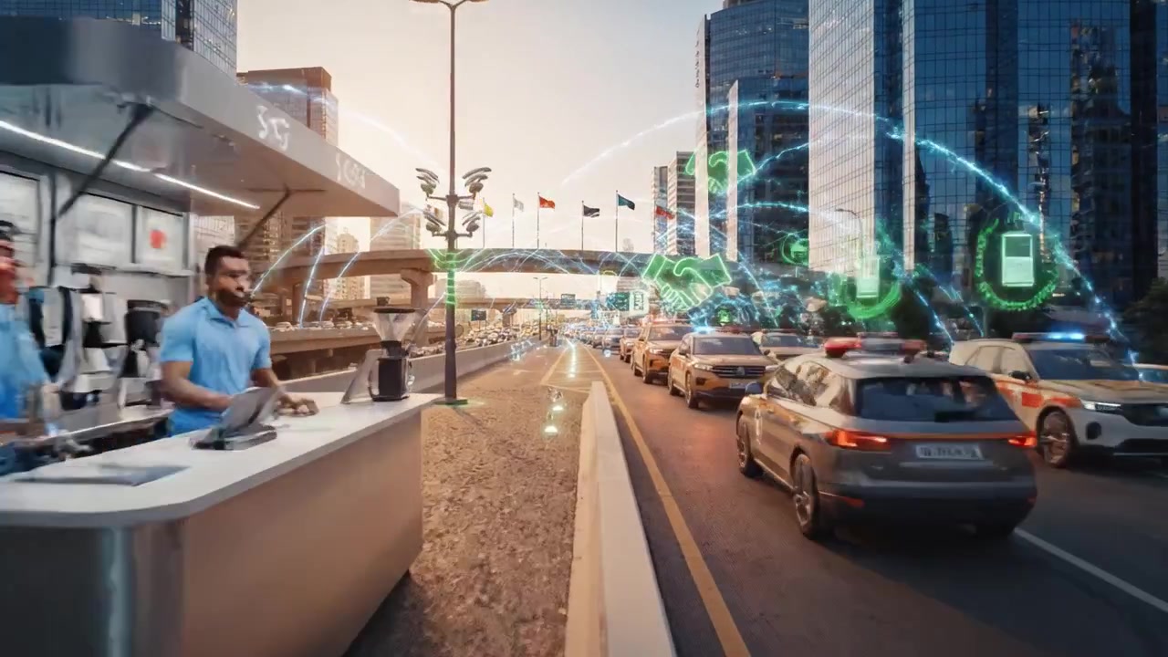 Traffic Dynamics in a Modern Urban Environment with Advanced Mobility Solutions and Vibrant Sunset over a Bustling Cityscape with Skyscrapers