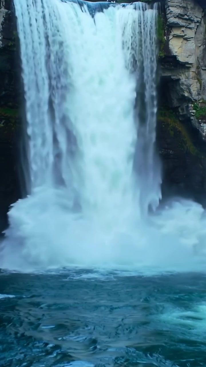 Video verticale: Cascata che si riversa da un bordo roccioso in una pozza profonda, creando nebbia e schiuma