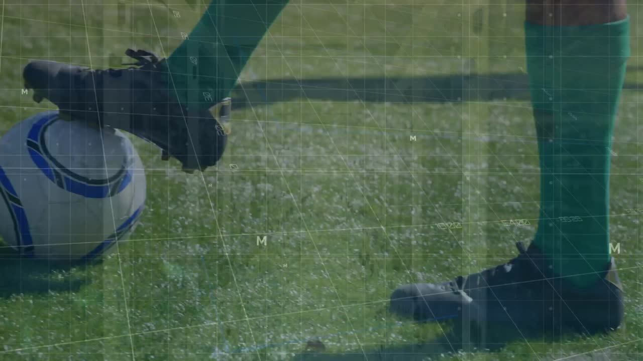 스포츠 경기장에서 남자 축구 선수들의 다리에 대한 금융 데이터와 그래프의 애니메이션
