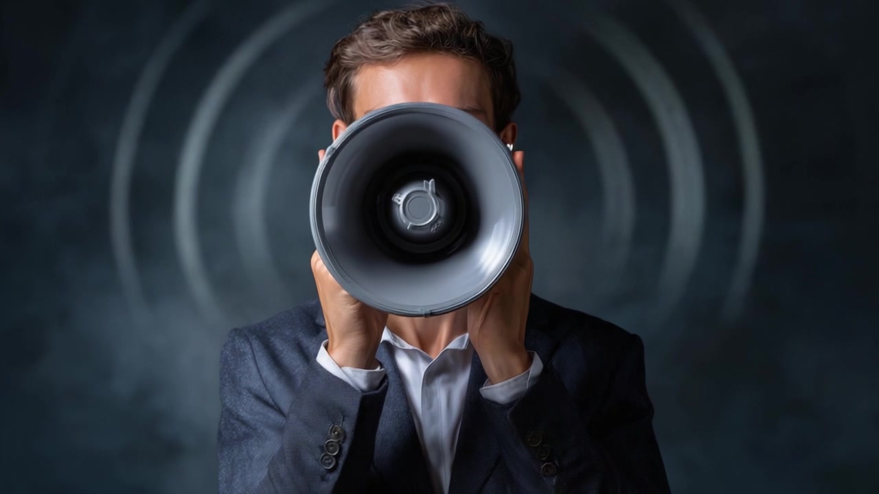 A person holding a megaphone, amplifying sound and message, highlighting communication, expression, and influence in a dark, artistic environment