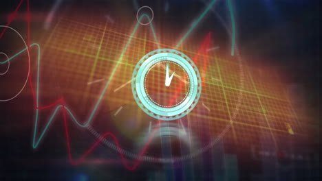 animación de reloj y cardiógrafo sobre procesamiento de datos y mapa del mundo