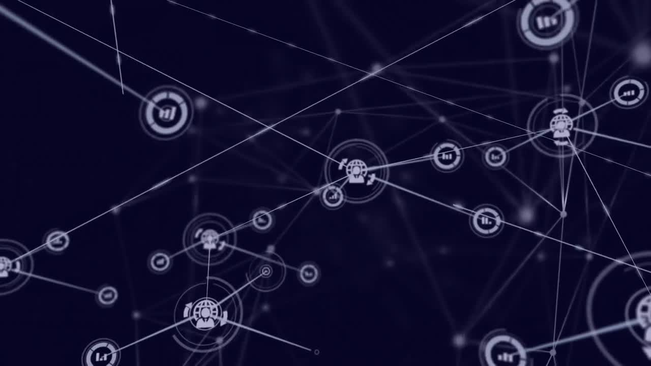 animación de la red de conexiones y procesamiento de datos sobre fondo negro