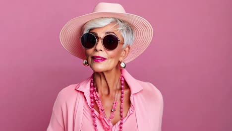 sophisticated senior woman wearing pink hat, designer sunglasses, and statement necklace, radiating confidence while posing against vibrant pink studio background