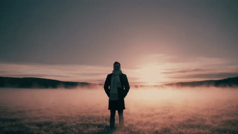 man standing in a foggy field at sunrise