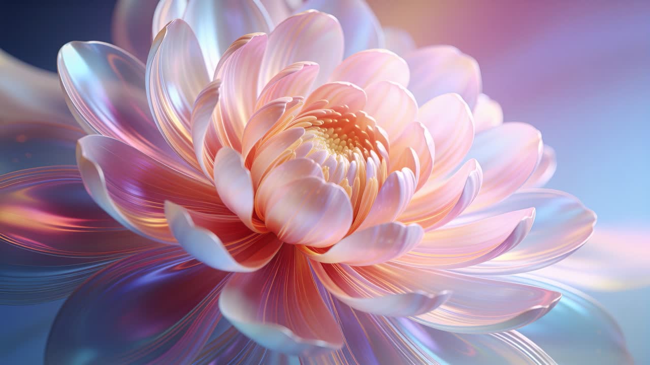 Opening large flower reacting to light shift while camera zooming on pastel backdrop, showing sheen