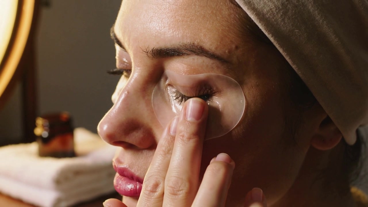Pressing fingertip after patch set, woman towel-wrap smoothing hydrogel patch at spa for adhesion