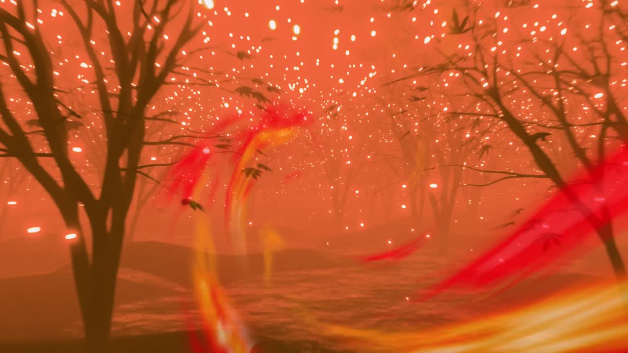 오렌지색 불꽃의 애니메이션, 나무 위에 떨어지는 빛의 반점
