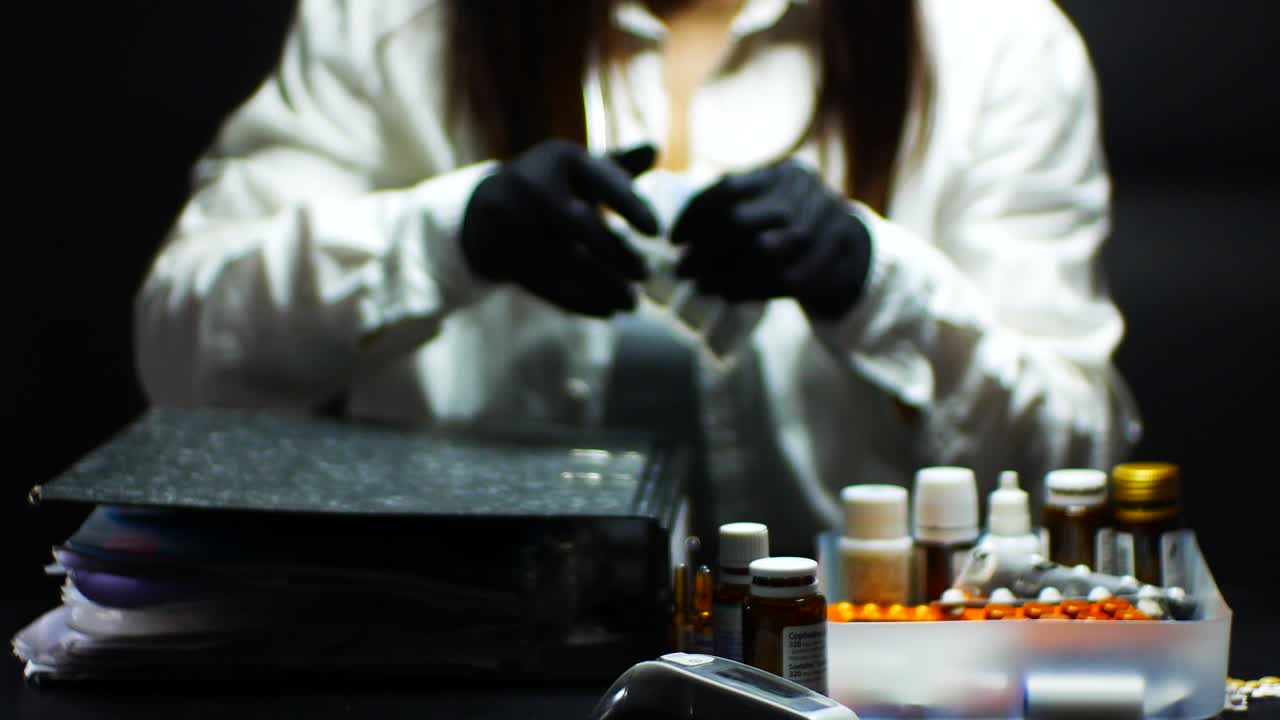 검은 장갑을 낀 의사가 파일을 닫고 앰플과 온도계를 가져갑니다.