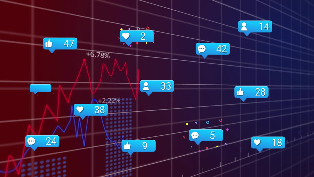 Abstract chart displaying moving line graphs with floating notification icons over gradient grid