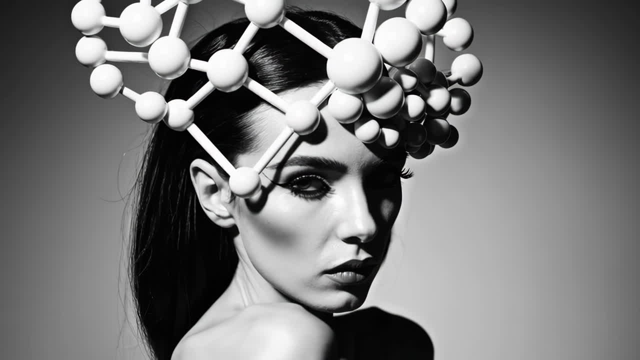 Monochrome Avant-Garde Portrait with Molecular Headpiece