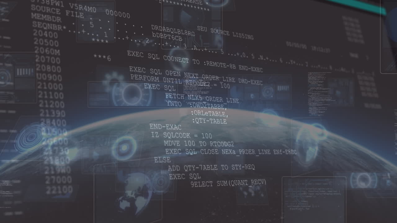 animación del procesamiento de datos en pantalla y escaneos sobre el planeta tierra