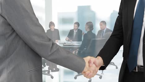Animation-of-businessman-and-businesswoman-shaking-hands-over-business-people-in-office