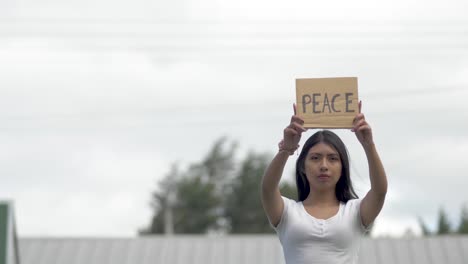 holding peace sign young latin american woman , latino protest war