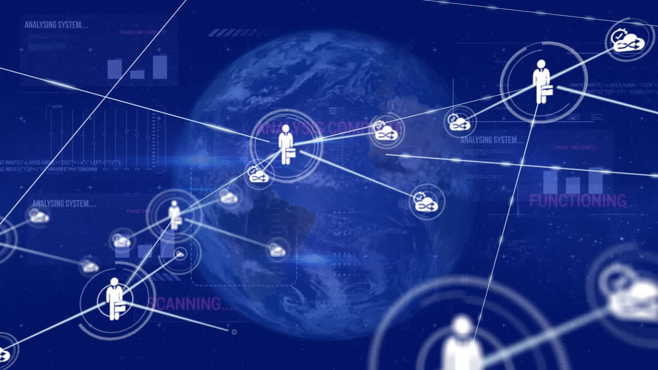 디지털 아이콘 네트워크의 애니메이션과 회전하는 지구에 대한 데이터 처리 인터페이스