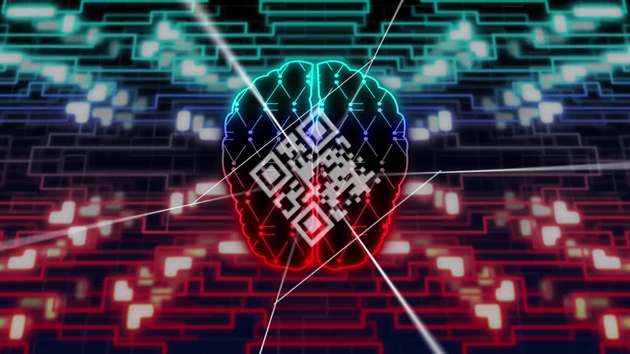 animación del código qr, el cerebro humano y el procesamiento de datos en la placa de circuitos.