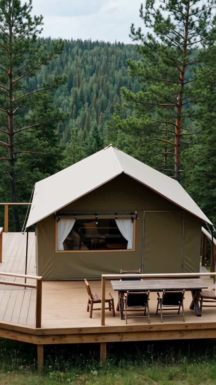 Glamping tent with a wooden deck in a pine forest