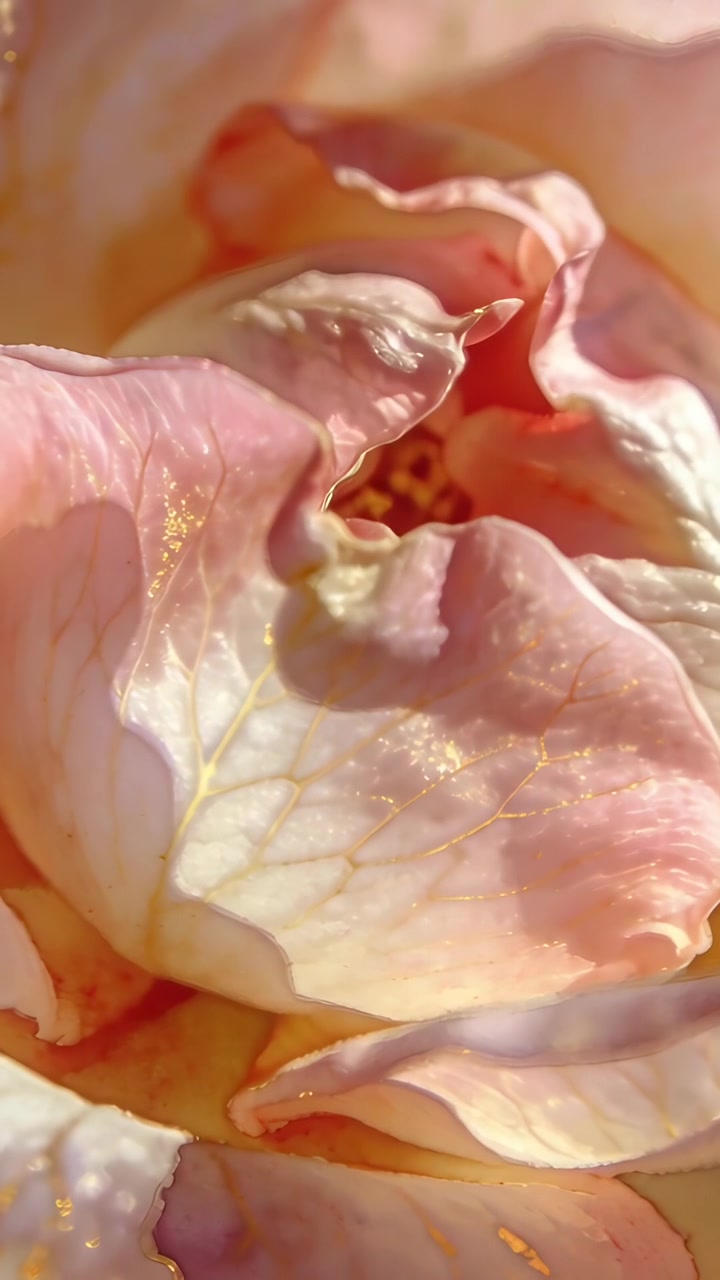 Video verticale: Telecamera che ingrandisce petali venati rosa pallido che mostrano un centro arricciato e pagliuzze d'oro