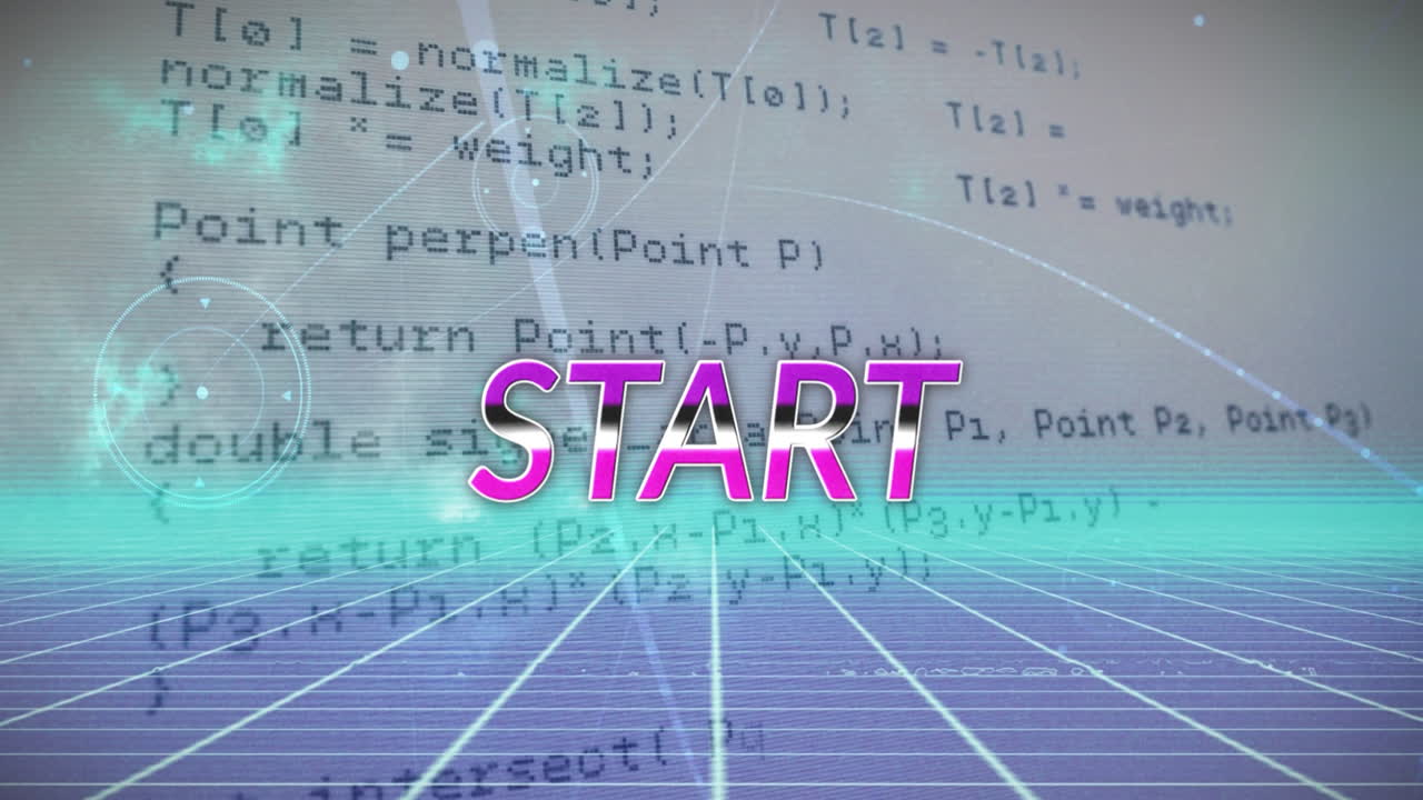 Animation of start text over data processing and metaverse