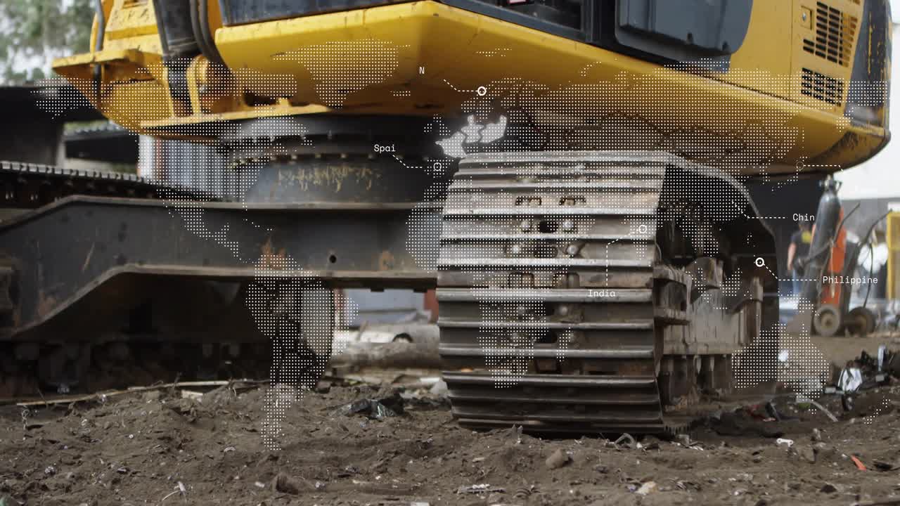 Dot overlay fading in starting excavator movement and cycling country labels showing global work