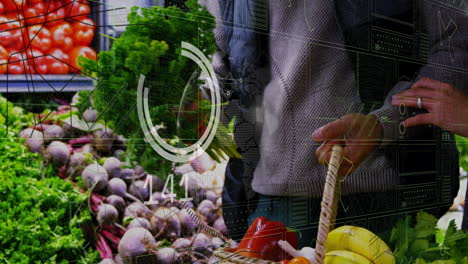 using digital data overlay, person shopping fresh produce with basket at market