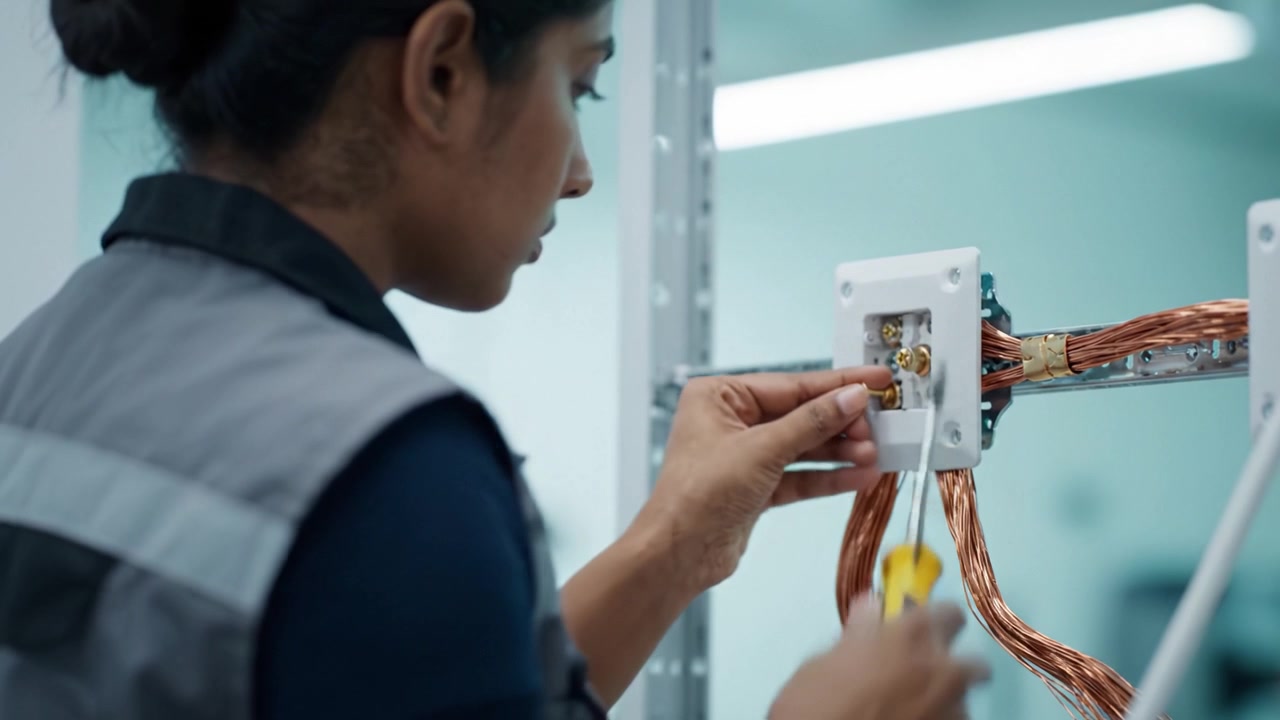 A skilled technician performing electrical installation by connecting wires and ensuring proper connections in a modern technology environment, showcasing precision work.