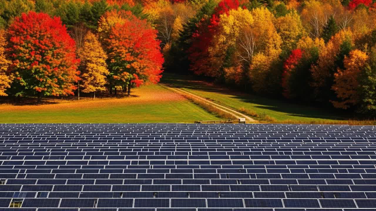 Vibrant Solar Panels Overlooking a Lush Autumn Landscape: A Beautiful Contrast of Technology and Nature's Fall Colors under a Clear Blue Sky