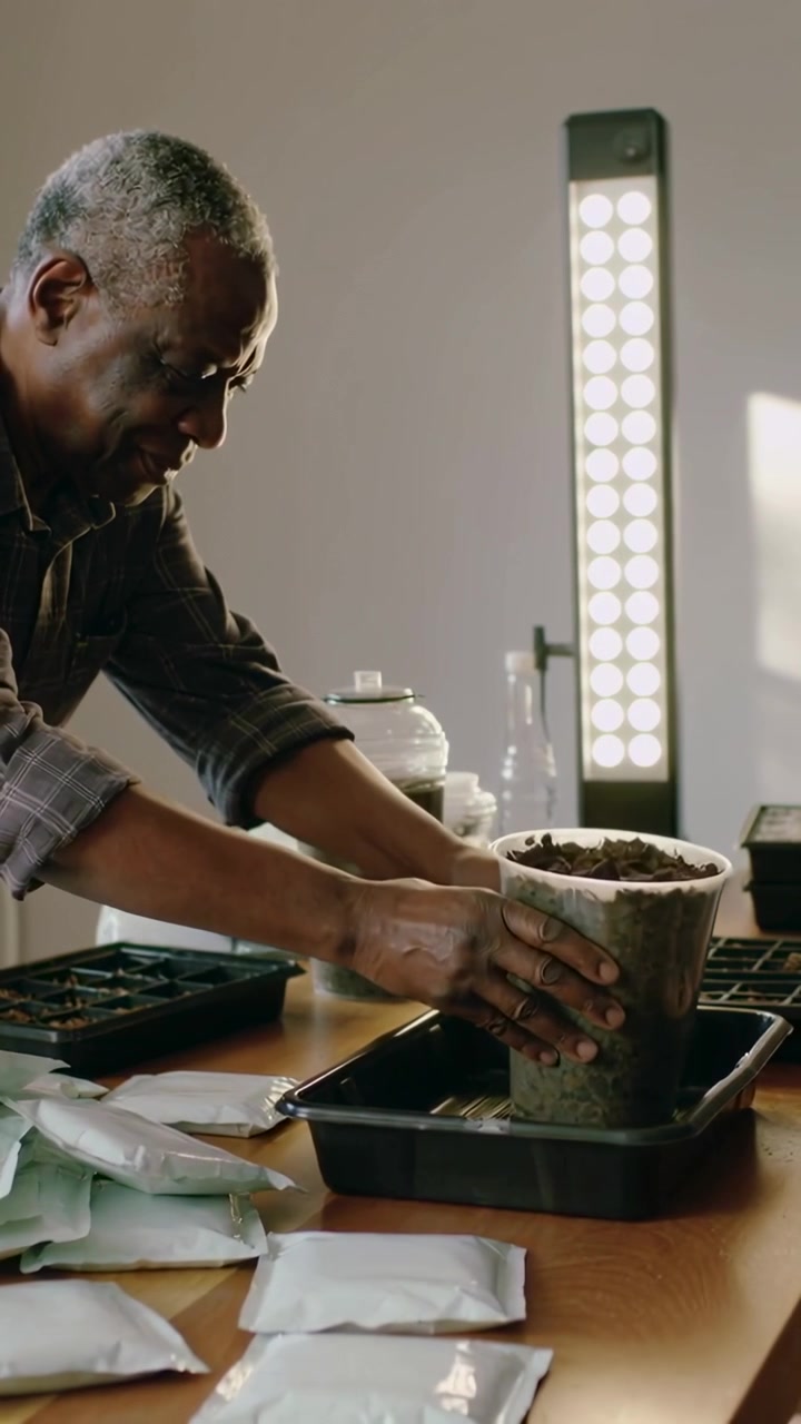 Vertical video: Reaching pot man in plaid placing in black tray at home for seedlings, copy space