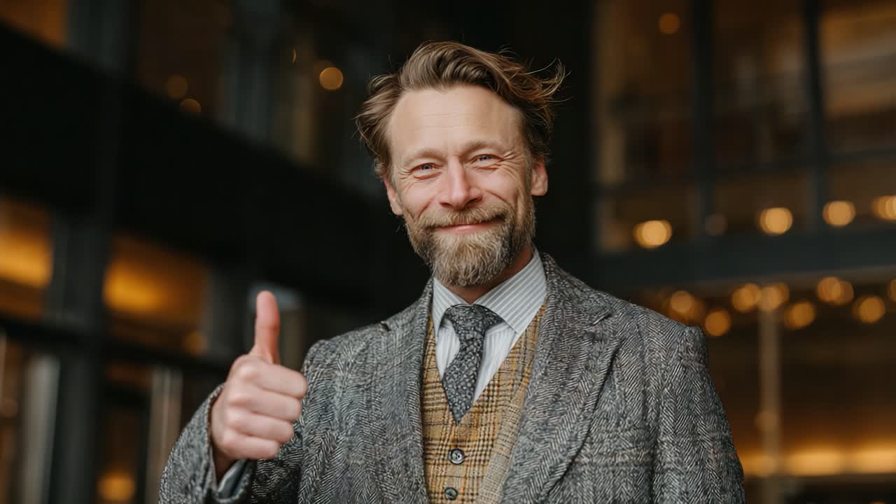 Confident Businessman Smiling in a Modern Urban Environment, Showcasing Positive Attitude with Thumbs Up Gesture in Professional Attire