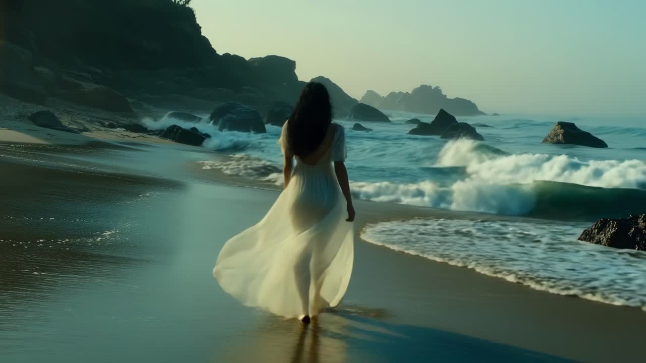 A serene video scene captures a woman in a flowing dress from behind, walking towards the ocean