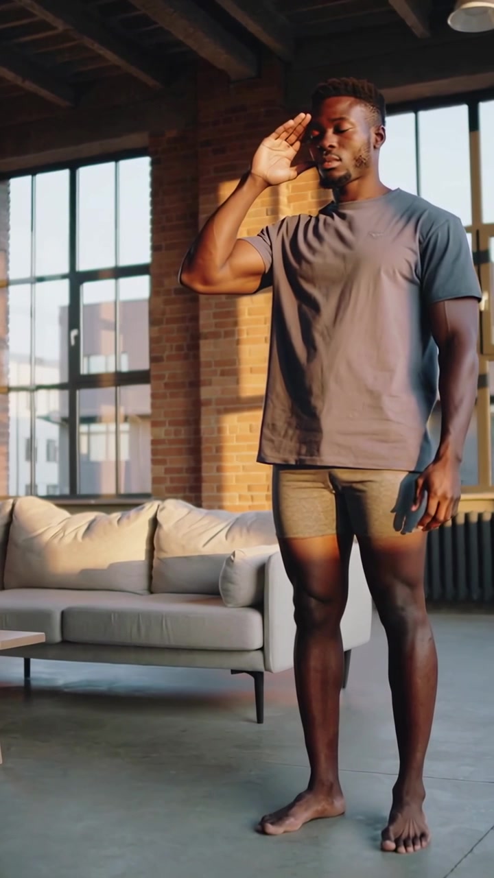 Vertical video: Raising arm, man shielding eyes from sunlight in loft, in grey tee, shorts, phone