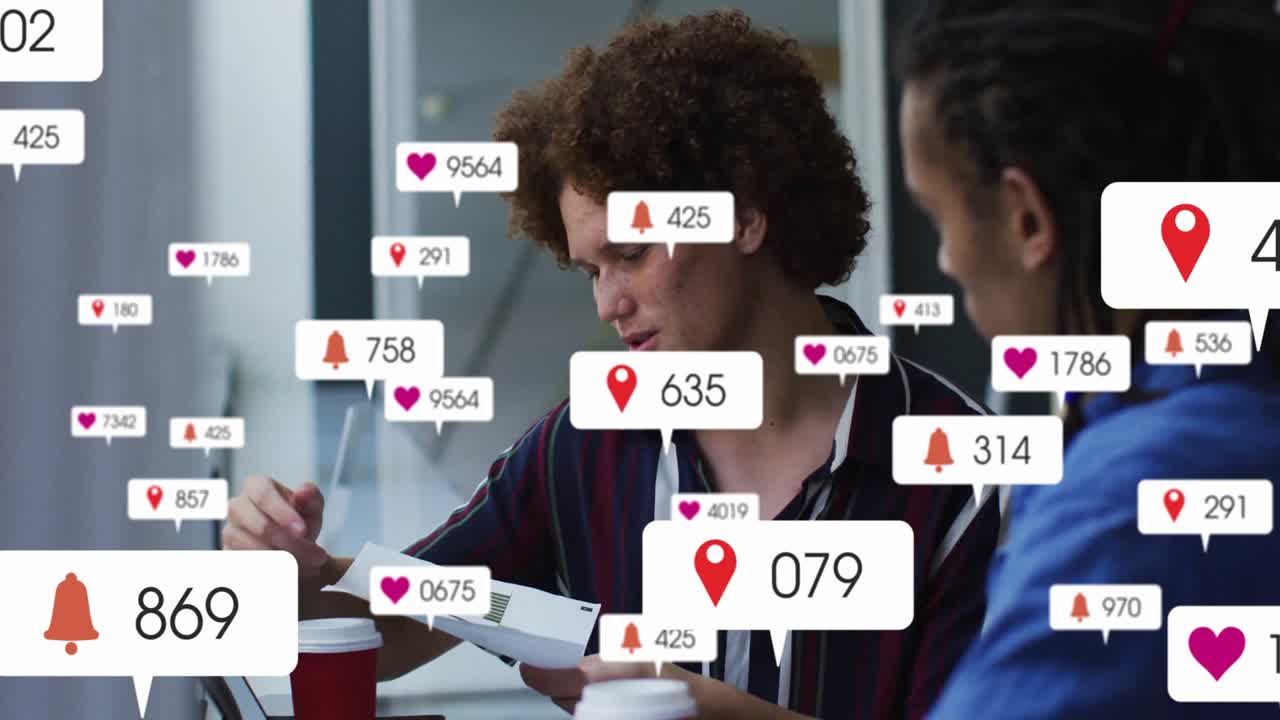 Curly-haired presenter explaining chart causing social media icons rising showing engagement growth